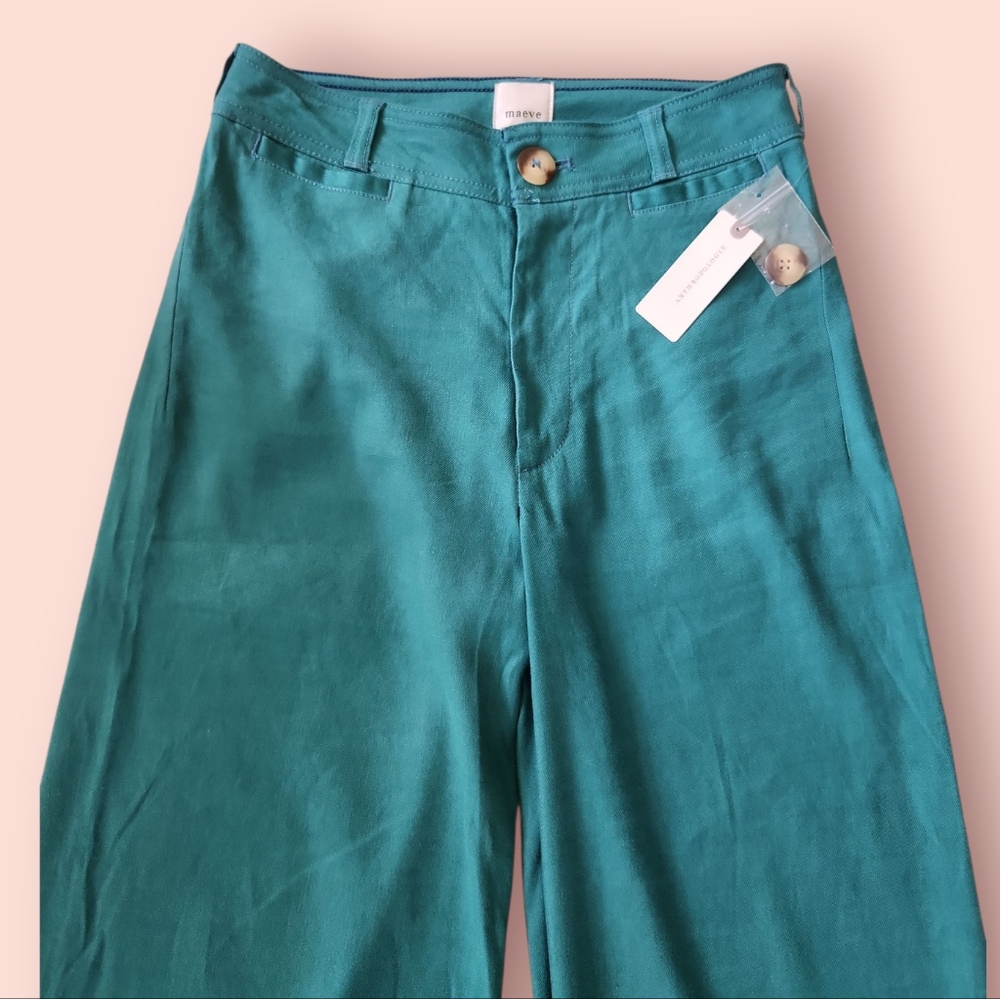 NWT Anthropologie Maeve | Ettie Wide‎ Leg Flare Linen Pants Turquoise Size 25 - Picture 4 of 9